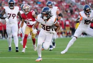 SANTA CLARA, CALIFORNIA - AUGUST 09: Jaleel McLaughlin #38 of the Denver Broncos carries the ball against the San Francisco 49ers in the first half during the NFL Preseason 2025 game at Levi's Stadium on August 09, 2025 in Santa Clara, California. (Photo by Thearon W. Henderson/Getty Images)