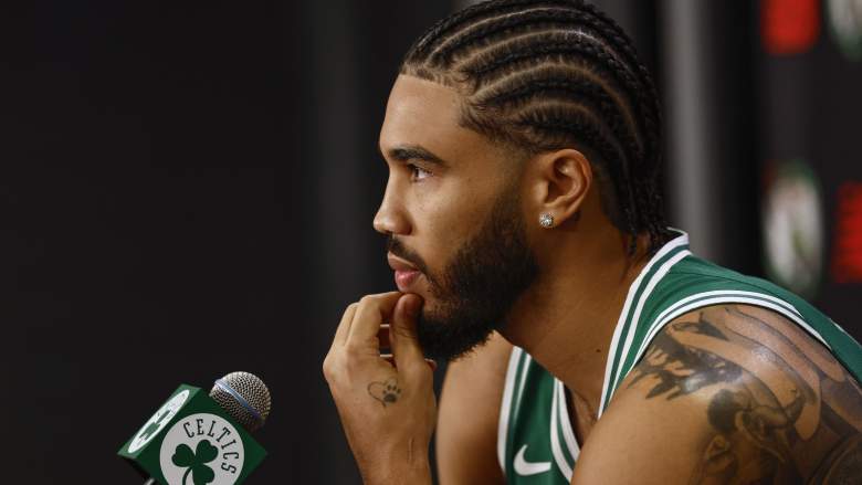 BOSTON, MA - SEPTEMBER 29: Jayson Tatum #0 of the Boston Celtics listens to a reporters question during Boston Celtics media day at the Auerbach Center on September 29, 2025 in Boston, Massachusetts. NOTE TO USER: User expressly acknowledges and agrees that, by downloading and or using this photograph, User is consenting to the terms and conditions of the Getty Images License Agreement. (Photo By Winslow Townson/Getty Images)