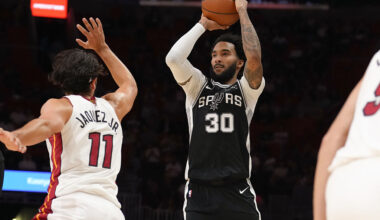MIAMI, FL - OCTOBER 8: Julian Champagnie #30 of the San Antonio Spurs prepares to shoot the ball during the game against the Miami Heat on October 8, 2025 at Kaseya Center in Miami, Florida. NOTE TO USER: User expressly acknowledges and agrees that, by downloading and or using this Photograph, user is consenting to the terms and conditions of the Getty Images License Agreement. Mandatory Copyright Notice: Copyright 2025 NBAE (Photo by Eric Espada/NBAE via Getty Images)