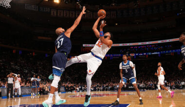 NEW YORK, NY - OCTOBER 9: Karl-Anthony Towns #32 of the New York Knicks shoots the ball during the game against the Minnesota Timberwolves during an NBA Preseason game on October 9, 2025 at Madison Square Garden in New York City, New York. NOTE TO USER: User expressly acknowledges and agrees that, by downloading and or using this photograph, User is consenting to the terms and conditions of the Getty Images License Agreement. Mandatory Copyright Notice: Copyright 2025 NBAE (Photo by Jesse D. Garrabrant/NBAE via Getty Images)
