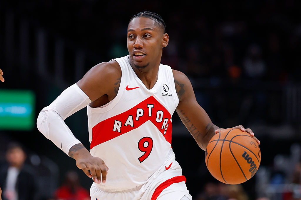 ATLANTA, GEORGIA - OCTOBER 22: RJ Barrett #9 of the Toronto Raptors dribbles the ball to the basket during the fourth quarter against the Atlanta Hawks at State Farm Arena on October 22, 2025 in Atlanta, Georgia. NOTE TO USER: User expressly acknowledges and agrees that, by downloading and or using this photograph, User is consenting to the terms and conditions of the Getty Images License Agreement. (Photo by Todd Kirkland/Getty Images)
