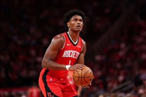 HOUSTON, TEXAS - OCTOBER 27: Amen Thompson #1 of the Houston Rockets shoots a free throw in the second half of the game against the Brooklyn Nets at Toyota Center on October 27, 2025 in Houston, Texas. (Photo by Kenneth Richmond/Getty Images)