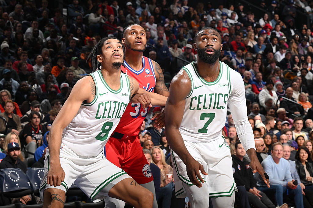 PHILADELPHIA, PA - OCTOBER 31: Jabari Walker #33 of the Philadelphia 76ers, Josh Minott #8 and Jaylen Brown #7 of the Boston Celtics waits for the rebound during the 2025-26 Emirates Cup on October 31, 2025 at the Wells Fargo Center in Philadelphia, Pennsylvania NOTE TO USER: User expressly acknowledges and agrees that, by downloading and/or using this Photograph, user is consenting to the terms and conditions of the Getty Images License Agreement. Mandatory Copyright Notice: Copyright 2025 NBAE (Photo by David Dow/NBAE via Getty Images)