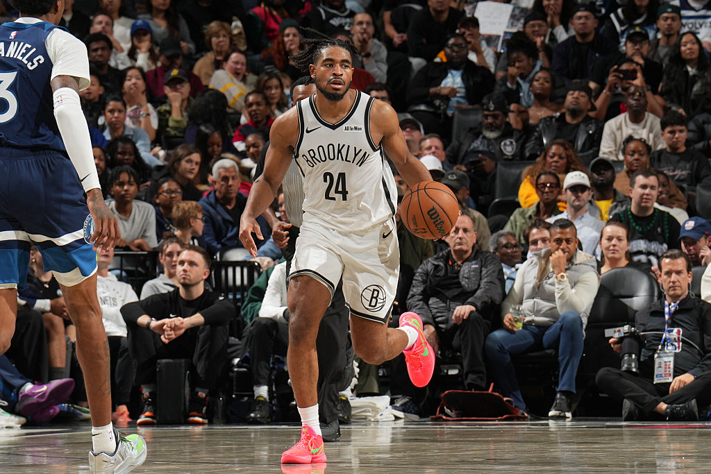 BROOKLYN, NY - NOVEMBER 3: Cam Thomas #24 of the Brooklyn Nets dribbles the ball during the game against the Minnesota Timberwolves on November 3, 2025 at Barclays Center in Brooklyn, New York. NOTE TO USER: User expressly acknowledges and agrees that, by downloading and or using this Photograph, user is consenting to the terms and conditions of the Getty Images License Agreement. Mandatory Copyright Notice: Copyright 2025 NBAE (Photo by Jesse D. Garrabrant/NBAE via Getty Images)