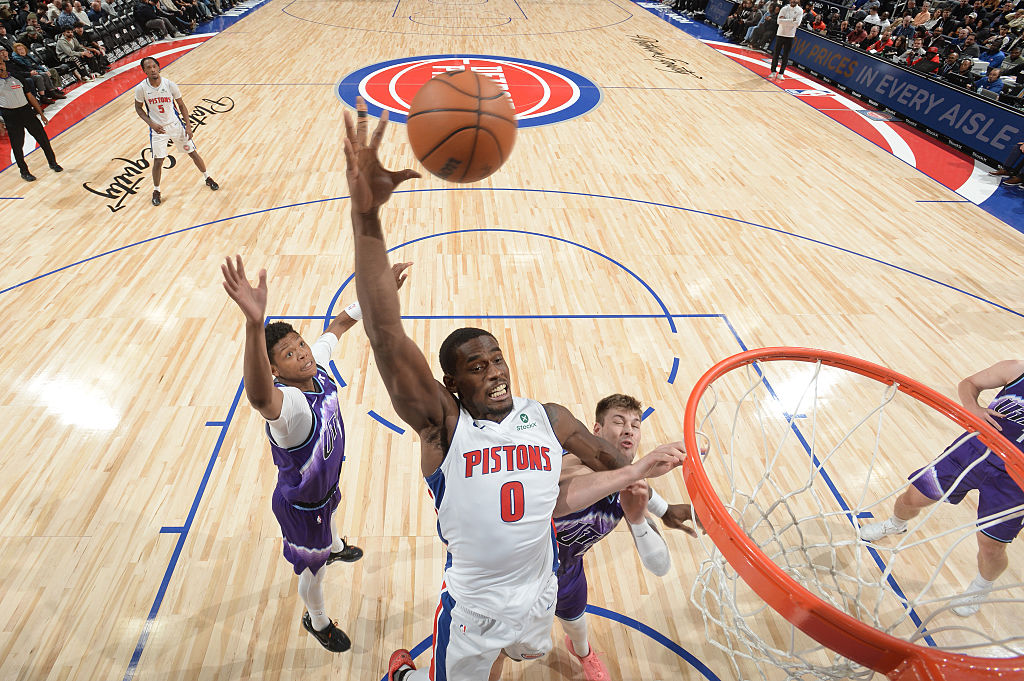 DETROIT, MI - November 5: Jalen Duren #0 of the Detroit Pistons drives to the basket during the game against the Utah Jazz on November 5, 2025 at Little Caesars Arena in Detroit, Michigan. NOTE TO USER: User expressly acknowledges and agrees that, by downloading and/or using this photograph, User is consenting to the terms and conditions of the Getty Images License Agreement. Mandatory Copyright Notice: Copyright 2025 NBAE (Photo by Chris Schwegler/NBAE via Getty Images)