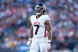 FOXBOROUGH, MASSACHUSETTS - NOVEMBER 2: Bijan Robinson #7 of the Atlanta Falcons reacts during an NFL football game against the New England Patriots at Gillette Stadium on November 02, 2025 in Foxborough, Massachusetts. (Photo by Michael Owens/Getty Images)