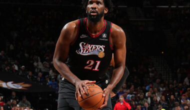 PHILADELPHIA, PA - NOVEMBER 8: Joel Embiid #21 of the Philadelphia 76ers shoots a free throw during the game against the Toronto Raptors on November 8, 2025 at the Wells Fargo Center in Philadelphia, Pennsylvania.
