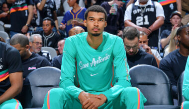 SAN ANTONIO, TX - NOVEMBER 12: Victor Wembanyama #1 of the San Antonio Spurs looks on before the game against the Golden State Warriors on November 12, 2025 at the Frost Bank Center in San Antonio, Texas. NOTE TO USER: User expressly acknowledges and agrees that, by downloading and or using this photograph, user is consenting to the terms and conditions of the Getty Images License Agreement. Mandatory Copyright Notice: Copyright 2025 NBAE (Photos by Michael Gonzales/NBAE via Getty Images)