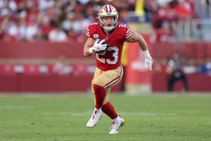 SANTA CLARA, CALIFORNIA - NOVEMBER 09: Christian McCaffrey #23 of the San Francisco 49ers runs against the Los Angeles Rams during the second half at Levi's Stadium on November 09, 2025 in Santa Clara, California. (Photo by Ezra Shaw/Getty Images)