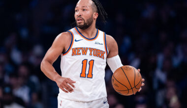 NEW YORK, NEW YORK - NOVEMBER 09: Jalen Brunson #11 of the New York Knicks brings the ball up the court during the first quarter of the game against the Brooklyn Nets at Madison Square Garden on November 09, 2025 in New York City. NOTE TO USER: User expressly acknowledges and agrees that, by downloading and or using this photograph, User is consenting to the terms and conditions of the Getty Images License Agreement. (Photo by Dustin Satloff/Getty Images)