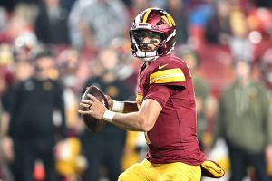LANDOVER, MARYLAND - NOVEMBER 09: Marcus Mariota #8 of the Washington Commanders in action against the Detroit Lions at Northwest Stadium on November 09, 2025 in Landover, Maryland. (Photo by Greg Fiume/Getty Images)