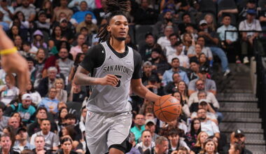 SAN ANTONIO, TX - NOVEMBER 14: Stephon Castle #5 of the San Antonio Spurs dribbles the ball during the game against the Golden State Warriors during a 2025-26 Emirates NBA Cup game on November 14, 2025 at the Frost Bank Center in San Antonio, Texas. NOTE TO USER: User expressly acknowledges and agrees that, by downloading and or using this photograph, user is consenting to the terms and conditions of the Getty Images License Agreement. Mandatory Copyright Notice: Copyright 2025 NBAE (Photos by Jesse D. Garrabrant/NBAE via Getty Images)