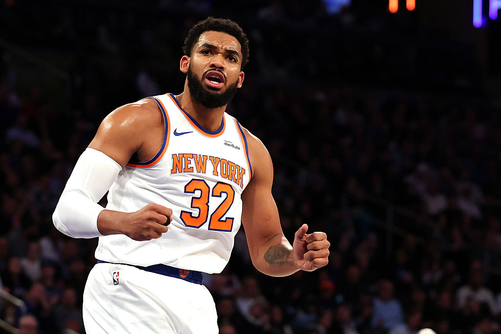 NEW YORK, NEW YORK - NOVEMBER 12: Karl-Anthony Towns #32 of the New York Knicks reacts after a basket in the second quarter against the Orlando Magic at Madison Square Garden on November 12, 2025 in New York City. NOTE TO USER: User expressly acknowledges and agrees that, by downloading and or using this photograph, User is consenting to the terms and conditions of the Getty Images License Agreement. (Photo by Ishika Samant/Getty Images)