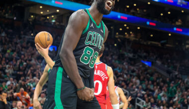 Boston, MA - November 16: Boston Celtics center Neemias Queta reacts after he made a layup and was fouled in the fourth quarter. The Celtics played the Los Angeles Clippers at TD Garden on November 16, 2025. (Photo by Matthew J. Lee/The Boston Globe via Getty Images)