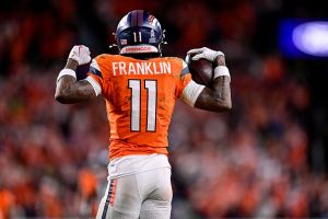 DENVER, CO - NOVEMBER 16: Denver Broncos wide receiver Troy Franklin (11) celebrates after a fourth quarter catch and first down in the fourth quarter during a game between the Kansas City Chiefs and the Denver Broncos at Empower Field at Mile High on November 16, 2025 in Denver, Colorado. (Photo by Dustin Bradford/Icon Sportswire via Getty Images)