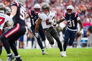 TAMPA, FLORIDA - NOVEMBER 09: Emeka Egbuka #2 of the Tampa Bay Buccaneers runs the ball during an NFL football game against the New England Patriots at Raymond James Stadium on November 9, 2025 in Tampa, Florida. (Photo by Perry Knotts/Getty Images)
