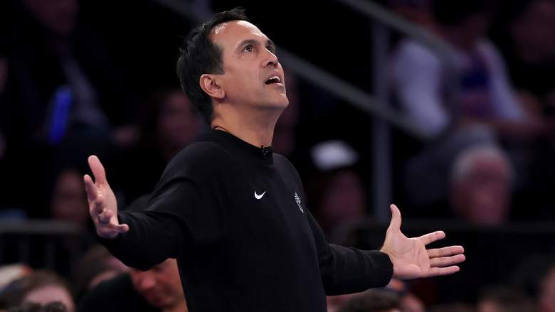 NEW YORK, NEW YORK - NOVEMBER 14: Head coach Erik Spoelstra of the Miami Heat reacts in the second half against the New York Knicks at Madison Square Garden on November 14, 2025 in New York City. The New York Knicks defeated the Miami Heat 140-132. NOTE TO USER: User expressly acknowledges and agrees that, by downloading and or using this photograph, User is consenting to the terms and conditions of the Getty Images License Agreement. (Photo by Elsa/Getty Images)