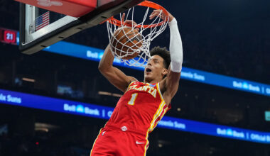 PHOENIX, ARIZONA - NOVEMBER 16: Jalen Johnson #1 of the Atlanta Hawks dunks against the Phoenix Suns during the first half at Mortgage Matchup Center on November 16, 2025 in Phoenix, Arizona.