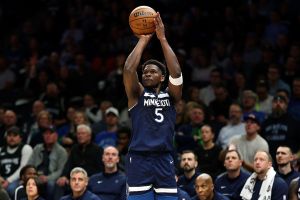MINNEAPOLIS, MINNESOTA - NOVEMBER 19: Anthony Edwards #5 of the Minnesota Timberwolves shoots the ball against the Washington Wizards in the first quarter at Target Center on November 19, 2025 in Minneapolis, Minnesota.
