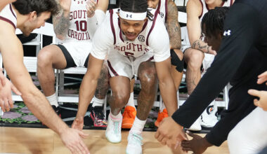 WHITE SULPHUR SPRINGS, WV - NOVEMBER 21: Meechie Johnson #5 of the South Carolina Gamecocks is introduced beofre the Skechers Greenbrier Tip Off college basketball game against the Butler Bulldogs in the Colonial Hall at The Greenbrier Resort on November 21, 2025 in White Sulphur Springs, West Virginia. (Photo by Mitchell Layton/Getty Images)
