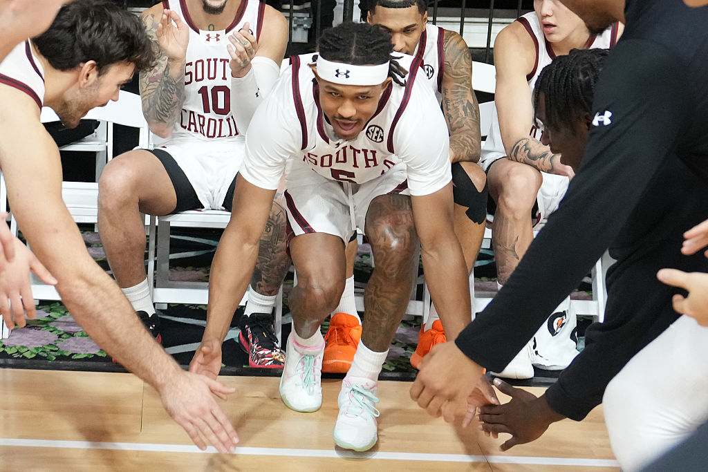 WHITE SULPHUR SPRINGS, WV - NOVEMBER 21: Meechie Johnson #5 of the South Carolina Gamecocks is introduced beofre the Skechers Greenbrier Tip Off college basketball game against the Butler Bulldogs in the Colonial Hall at The Greenbrier Resort on November 21, 2025 in White Sulphur Springs, West Virginia. (Photo by Mitchell Layton/Getty Images)