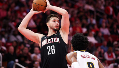 HOUSTON, TEXAS - NOVEMBER 21: Alperen Sengun #28 of the Houston Rockets looks to pass during the second half of the game against Peyton Watson #8 of the Denver Nuggets at Toyota Center on November 21, 2025 in Houston, Texas. (Photo by Kenneth Richmond/Getty Images)