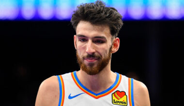 SALT LAKE CITY, UTAH - NOVEMBER 21: Chet Holmgren #7 of the Oklahoma City Thunder looks on during the second half of a 2025-26 Emirates Cup game against the Utah Jazz at the Delta Center on November 21, 2025 in Salt Lake City, Utah. NOTE TO USER: User expressly acknowledges and agrees that, by downloading and or using this photograph, User is consenting to the terms and conditions of the Getty Images License Agreement. (Photo by Alex Goodlett/Getty Images)