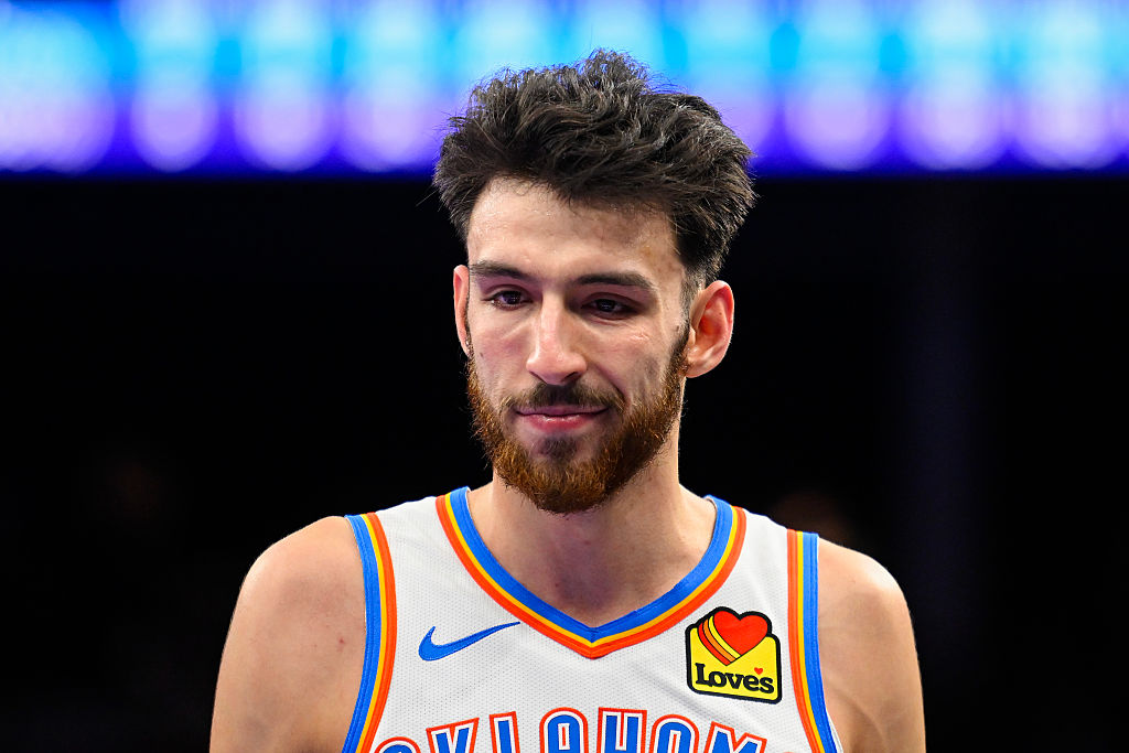 SALT LAKE CITY, UTAH - NOVEMBER 21: Chet Holmgren #7 of the Oklahoma City Thunder looks on during the second half of a 2025-26 Emirates Cup game against the Utah Jazz at the Delta Center on November 21, 2025 in Salt Lake City, Utah. NOTE TO USER: User expressly acknowledges and agrees that, by downloading and or using this photograph, User is consenting to the terms and conditions of the Getty Images License Agreement. (Photo by Alex Goodlett/Getty Images)