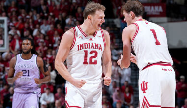 BLOOMINGTON, IN - NOVEMBER 25: Tucker Devries #12 and Reed Bailey #1 of the Indiana Hoosiers celebrate during a college basketball game against the Kansas State Wildcats on November 25, 2025 at Simon Skjodt Assembly Hall in Bloomington, Indiana. (Photo by Joe Robbins/Icon Sportswire via Getty Images)