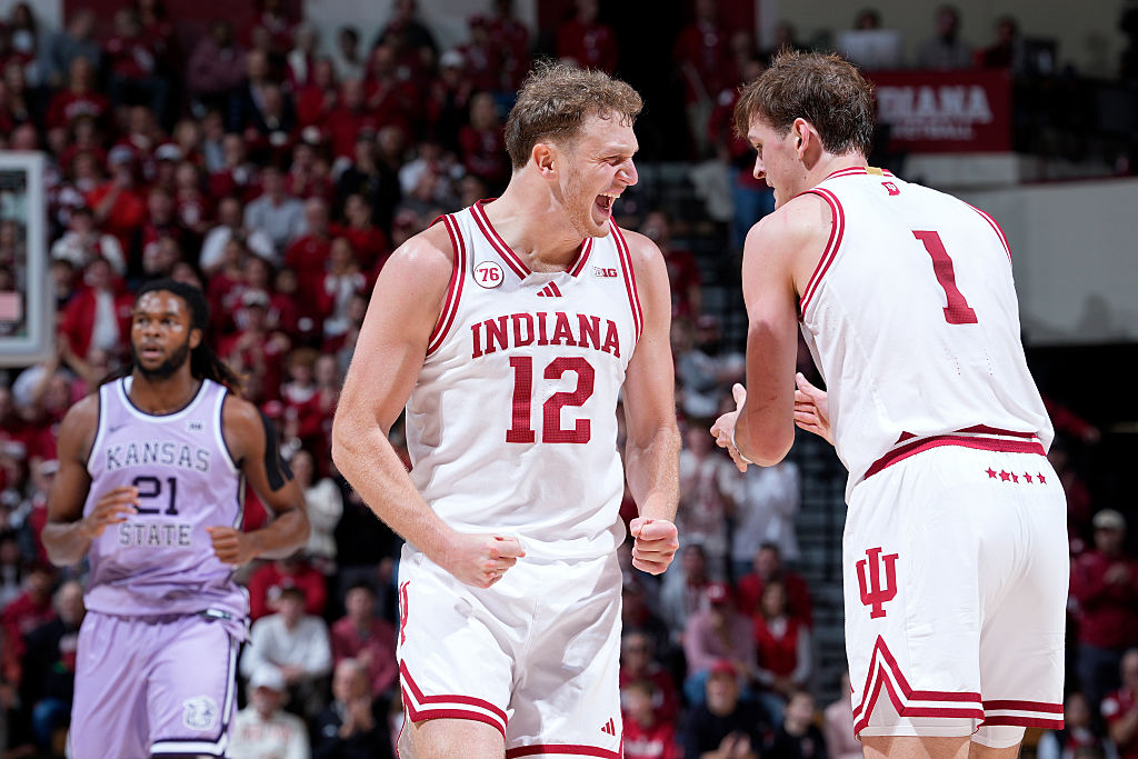 BLOOMINGTON, IN - NOVEMBER 25: Tucker Devries #12 and Reed Bailey #1 of the Indiana Hoosiers celebrate during a college basketball game against the Kansas State Wildcats on November 25, 2025 at Simon Skjodt Assembly Hall in Bloomington, Indiana. (Photo by Joe Robbins/Icon Sportswire via Getty Images)