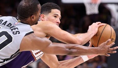 Devin Booker #1 of the Phoenix Suns...