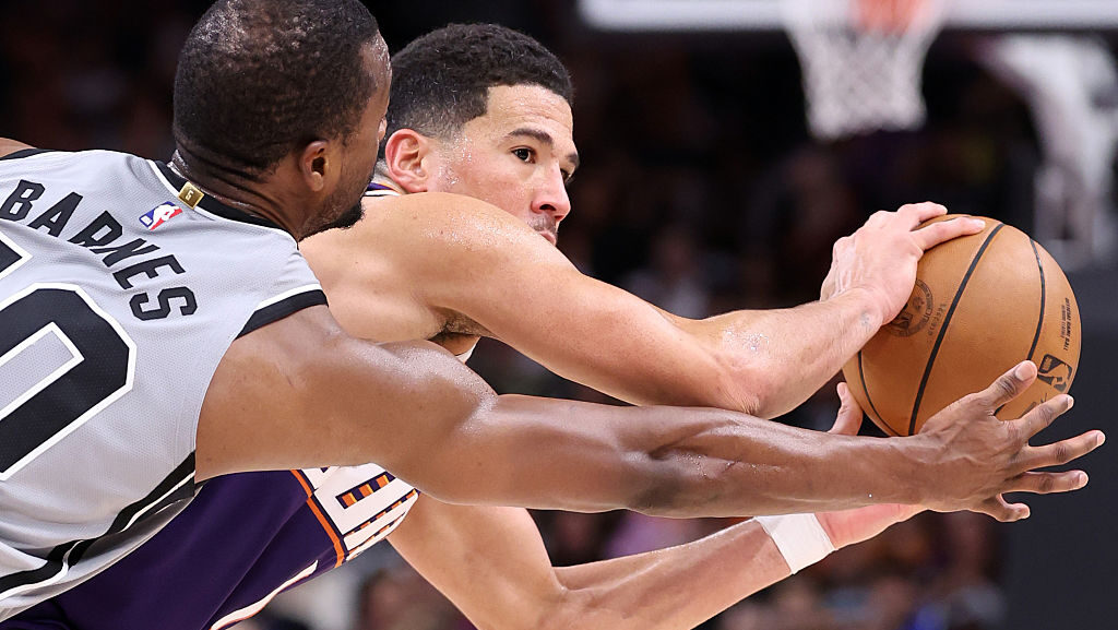 Devin Booker #1 of the Phoenix Suns...