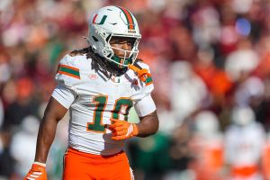 BLACKSBURG, VIRGINIA - NOVEMBER 22: Malachi Toney #10 of the Miami Hurricanes looks on during a game against the Virginia Tech Hokies at Lane Stadium on November 22, 2025 in Blacksburg, Virginia. (Photo by Ryan Hunt/Getty Images)