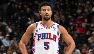 BROOKLYN, NY - NOVEMBER 28: Quentin Grimes #5 of the Philadelphia 76ers looks on during the game against the Brooklyn Nets during the 2025-26 Emirates Cup on November 28, 2025 at Barclays Center in Brooklyn, New York. NOTE TO USER: User expressly acknowledges and agrees that, by downloading and or using this Photograph, user is consenting to the terms and conditions of the Getty Images License Agreement. Mandatory Copyright Notice: Copyright 2025 NBAE (Photo by Jesse D. Garrabrant/NBAE via Getty Images)