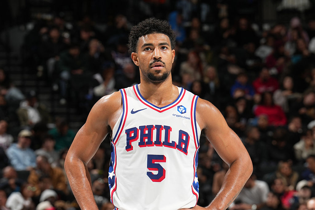 BROOKLYN, NY - NOVEMBER 28: Quentin Grimes #5 of the Philadelphia 76ers looks on during the game against the Brooklyn Nets during the 2025-26 Emirates Cup on November 28, 2025 at Barclays Center in Brooklyn, New York. NOTE TO USER: User expressly acknowledges and agrees that, by downloading and or using this Photograph, user is consenting to the terms and conditions of the Getty Images License Agreement. Mandatory Copyright Notice: Copyright 2025 NBAE (Photo by Jesse D. Garrabrant/NBAE via Getty Images)