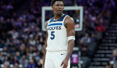 SACRAMENTO, CALIFORNIA - NOVEMBER 24: Anthony Edwards #5 of the Minnesota Timberwolves reacts after he was called for a foul against the Sacramento Kings in the second half of an NBA basketball game at Golden 1 Center on November 24, 2025 in Sacramento, California. NOTE TO USER: User expressly acknowledges and agrees that, by downloading and or using this photograph, User is consenting to the terms and conditions of the Getty Images License Agreement. (Photo by Thearon W. Henderson/Getty Images)
