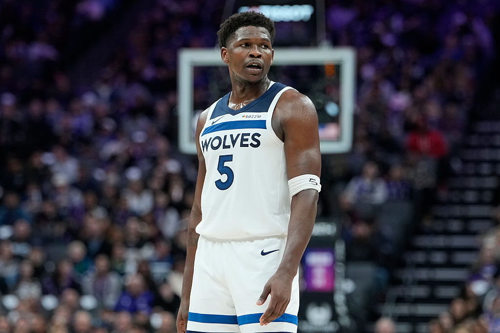 SACRAMENTO, CALIFORNIA - NOVEMBER 24: Anthony Edwards #5 of the Minnesota Timberwolves reacts after he was called for a foul against the Sacramento Kings in the second half of an NBA basketball game at Golden 1 Center on November 24, 2025 in Sacramento, California. NOTE TO USER: User expressly acknowledges and agrees that, by downloading and or using this photograph, User is consenting to the terms and conditions of the Getty Images License Agreement. (Photo by Thearon W. Henderson/Getty Images)