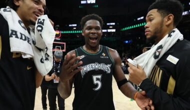 MINNEAPOLIS, MN - NOVEMBER 29: Anthony Edwards #5 of the Minnesota Timberwolves smiles after the game against the Boston Celtics on November 29, 2025 at Target Center in Minneapolis, Minnesota.