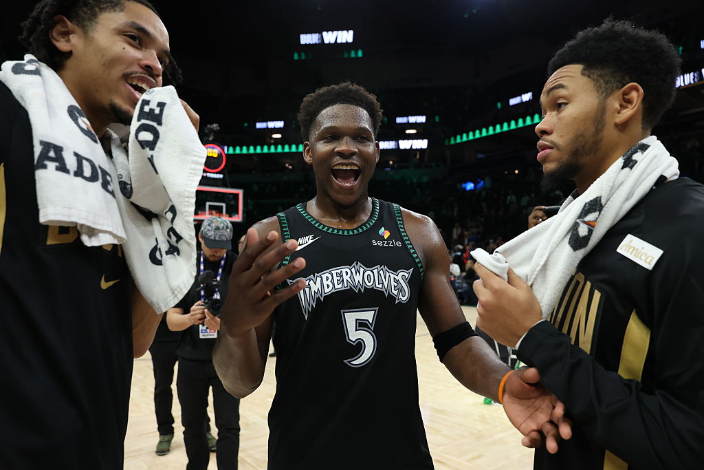 MINNEAPOLIS, MN - NOVEMBER 29: Anthony Edwards #5 of the Minnesota Timberwolves smiles after the game against the Boston Celtics on November 29, 2025 at Target Center in Minneapolis, Minnesota.