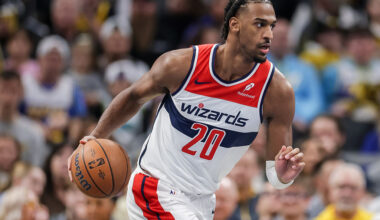 INDIANAPOLIS, INDIANA - NOVEMBER 28: Alex Sarr #20 of the Washington Wizards brings the ball up court during the first half of the NBA basketball game between the Washington Wizards and the Indiana Pacers at Gainbridge Fieldhouse on November 28, 2025 in Indianapolis, Indiana. NOTE TO USER: User expressly acknowledges and agrees that, by downloading and or using this photograph, User is consenting to the terms and conditions of the Getty Images License Agreement. (Photo by Michael Hickey/Getty Images)