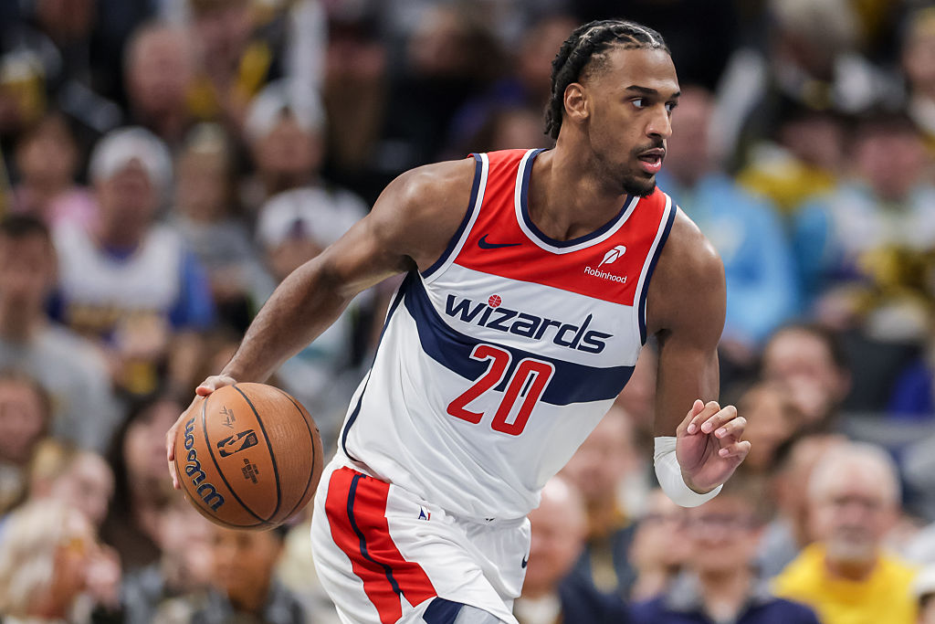 INDIANAPOLIS, INDIANA - NOVEMBER 28: Alex Sarr #20 of the Washington Wizards brings the ball up court during the first half of the NBA basketball game between the Washington Wizards and the Indiana Pacers at Gainbridge Fieldhouse on November 28, 2025 in Indianapolis, Indiana. NOTE TO USER: User expressly acknowledges and agrees that, by downloading and or using this photograph, User is consenting to the terms and conditions of the Getty Images License Agreement. (Photo by Michael Hickey/Getty Images)