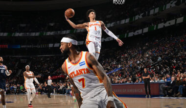 PHILADELPHIA, PA - NOVEMBER 30: Jalen Johnson #1 of the Atlanta Hawks dunks the ball during the game against the Philadelphia 76ers on November 30, 2025 at the Wells Fargo Center in Philadelphia, Pennsylvania NOTE TO USER: User expressly acknowledges and agrees that, by downloading and/or using this Photograph, user is consenting to the terms and conditions of the Getty Images License Agreement. Mandatory Copyright Notice: Copyright 2025 NBAE (Photo by David Dow/NBAE via Getty Images)