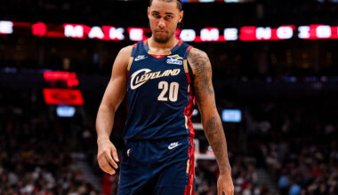 TORONTO, ON - NOVEMBER 24: Jaylon Tyson #20 of the Cleveland Cavaliers looks on against the Toronto Raptors during second half action at Scotiabank Arena on November 24, 2025 in Toronto, Ontario, Canada.