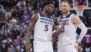 SACRAMENTO, CA - NOVEMBER 24: Anthony Edwards #5 and Donte DiVincenzo #0 of the Minnesota Timberwolves talk during the game against the Sacramento Kings on November 24, 2025 at Golden 1 Center in Sacramento, California. NOTE TO USER: User expressly acknowledges and agrees that, by downloading and or using this photograph, User is consenting to the terms and conditions of the Getty Images Agreement. Mandatory Copyright Notice: Copyright 2025 NBAE (Photo by Rocky Widner/NBAE via Getty Images)