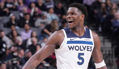 SACRAMENTO, CA - NOVEMBER 24: Anthony Edwards #5 of the Minnesota Timberwolves looks on during the game against the Sacramento Kings on November 24, 2025 at Golden 1 Center in Sacramento, California.