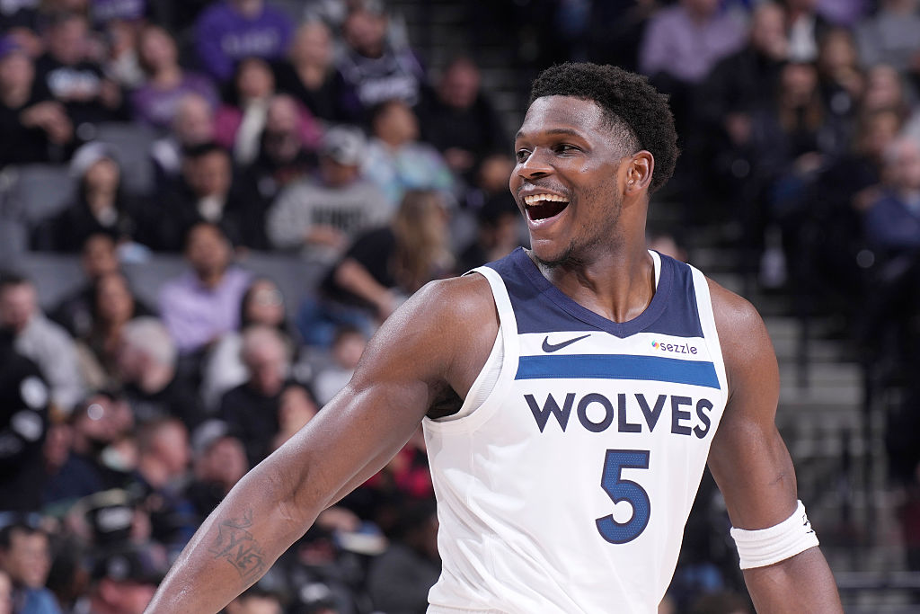 SACRAMENTO, CA - NOVEMBER 24: Anthony Edwards #5 of the Minnesota Timberwolves looks on during the game against the Sacramento Kings on November 24, 2025 at Golden 1 Center in Sacramento, California.