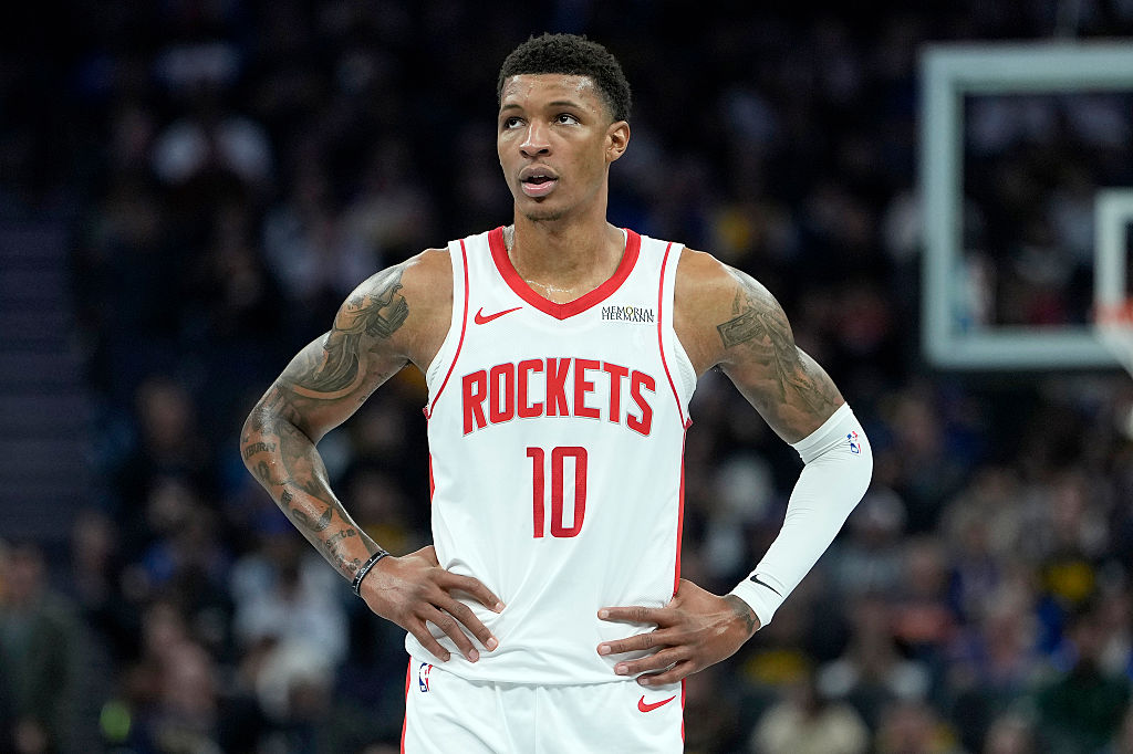 SAN FRANCISCO, CALIFORNIA - NOVEMBER 26: Jabari Smith Jr. #10 of the Houston Rockets looks on against Golden State Warriors in the second quarter during the 2025-26 Emirates Cup at Chase Center on November 26, 2025 in San Francisco, California. NOTE TO USER: User expressly acknowledges and agrees that, by downloading and or using this photograph, User is consenting to the terms and conditions of the Getty Images License Agreement. (Photo by Thearon W. Henderson/Getty Images)