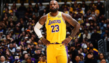 LOS ANGELES, CA - DECEMBER 1: LeBron James #23 of the Los Angeles Lakers looks on during the game against the Phoenix Suns on December 1, 2025 at Crypto.Com Arena in Los Angeles, California. NOTE TO USER: User expressly acknowledges and agrees that, by downloading and/or using this Photograph, user is consenting to the terms and conditions of the Getty Images License Agreement. Mandatory Copyright Notice: Copyright 2025 NBAE (Photo by Adam Pantozzi/NBAE via Getty Images)