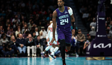 CHARLOTTE, NORTH CAROLINA - NOVEMBER 28: Brandon Miller #24 of the Charlotte Hornets react after a basket during the first half of the basketball game against the Chicago Bulls at Spectrum Center on November 28, 2025 in Charlotte, North Carolina. NOTE TO USER: User expressly acknowledges and agrees that, by downloading and or using this photograph, User is consenting to the terms and conditions of the Getty Images License Agreement. (Photo by David Jensen/Getty Images)