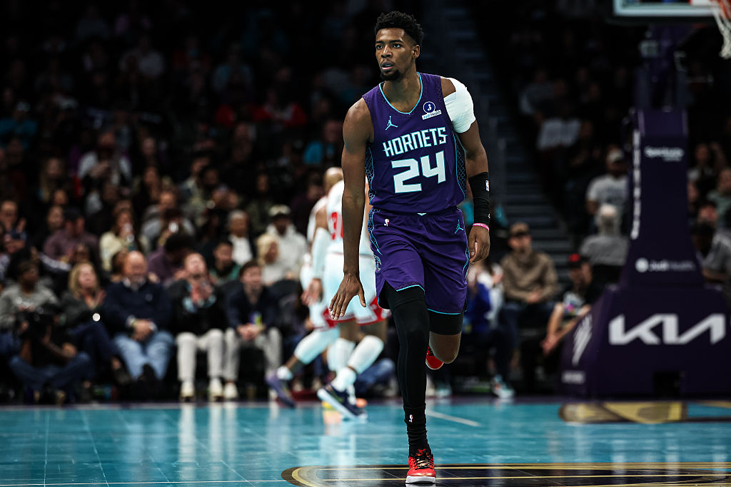 CHARLOTTE, NORTH CAROLINA - NOVEMBER 28: Brandon Miller #24 of the Charlotte Hornets react after a basket during the first half of the basketball game against the Chicago Bulls at Spectrum Center on November 28, 2025 in Charlotte, North Carolina. NOTE TO USER: User expressly acknowledges and agrees that, by downloading and or using this photograph, User is consenting to the terms and conditions of the Getty Images License Agreement. (Photo by David Jensen/Getty Images)